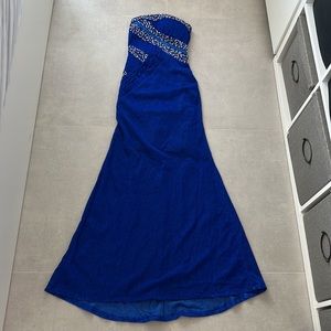 Royal blue small gown with silver sequins and beads fitted with flared bottom